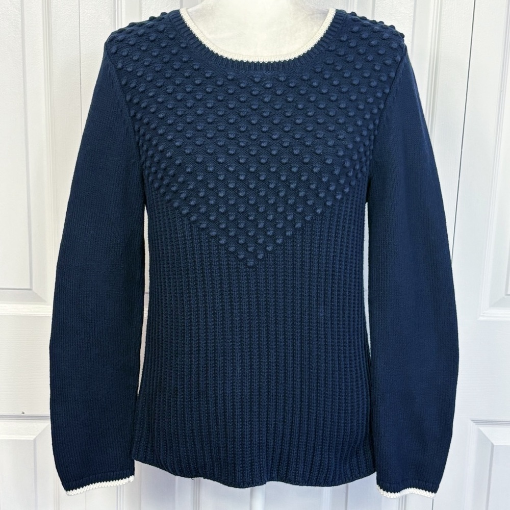 Talbots Navy Blue & Ivory Trim Bauble Ribbed Knit Pullover Sweater Medium